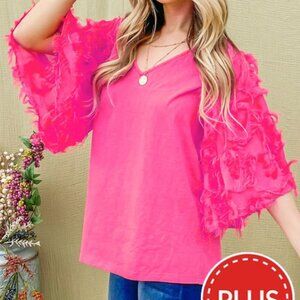 Feather Detailed 3/4 Sleeve Slub Top - NWT - Curvy Size 1X